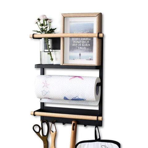 Magnetic Refrigerator Organizer Rack Multifunction Fridge Storage Shelf Wooden Paper Towel Holder with 6 Hooks, Black