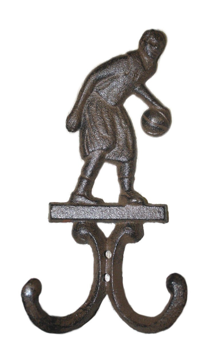 Starworld-Heavy Cast Iron Antique Style BASKETBALL PLAYER wall Hanger Coat Hooks Hat Hook Rack Towel Ball 7.25"Tall Rust brown finish