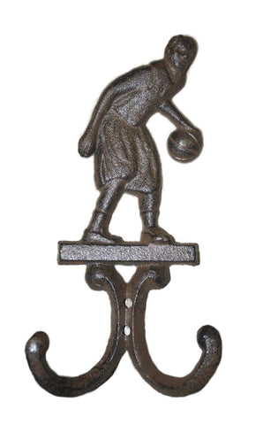 Starworld-Heavy Cast Iron Antique Style BASKETBALL PLAYER wall Hanger Coat Hooks Hat Hook Rack Towel Ball 7.25"Tall Rust brown finish
