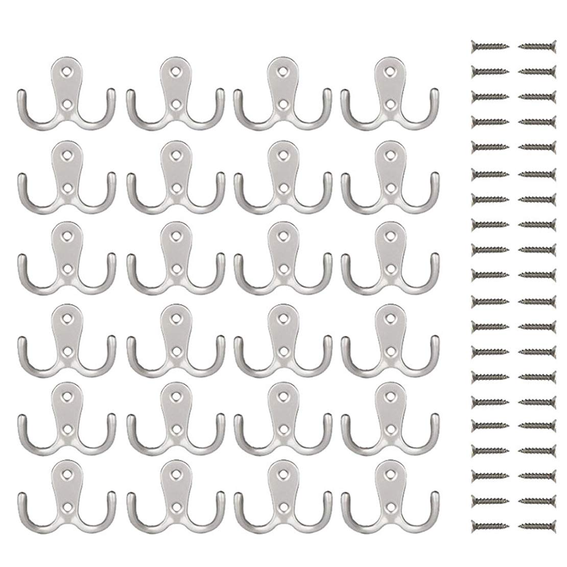 Ginbel Direct 20 Pack Wall Mounted Heavy Duty Double Hooks Hanger Holder Silver Wall Vintage Decorative Key Coat Robe Hooks Scarf, Bag, Towel, Cap (Silver)