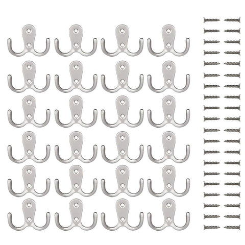 Ginbel Direct 20 Pack Wall Mounted Heavy Duty Double Hooks Hanger Holder Silver Wall Vintage Decorative Key Coat Robe Hooks Scarf, Bag, Towel, Cap (Silver)