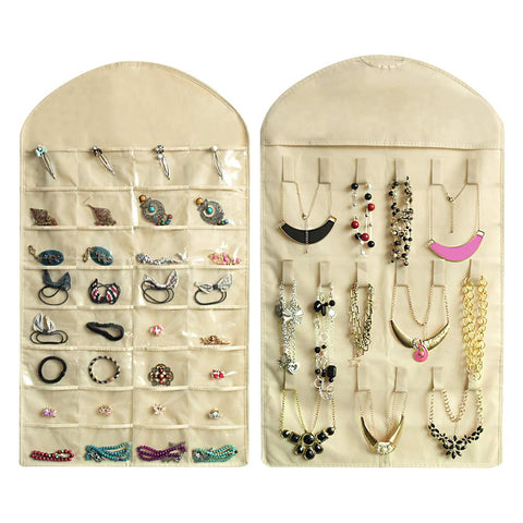 Realdios Hanging Jewelry Organizers 32 Pockets 18 Hook and Loops Non-Woven Dual Sides Wall Hanging Closet Accessory Jewelry Holder Organizer Folding Travel Storage Bag(32pocket-Creamy-White)