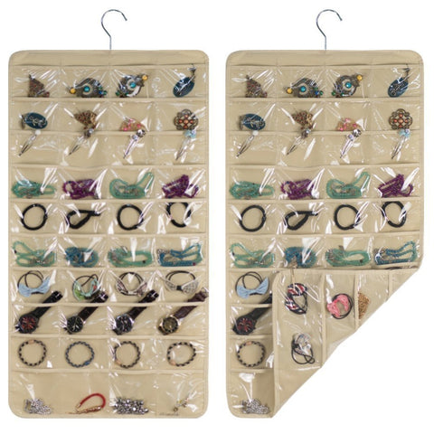 Realdios Hanging Jewelry Organizers 80 Pockets Non-Woven Dual Sides Wall Hanging Closet Accessory Jewelry Holder Organizer Folding Travel Storage Bag (80pocket-Creamy-White)