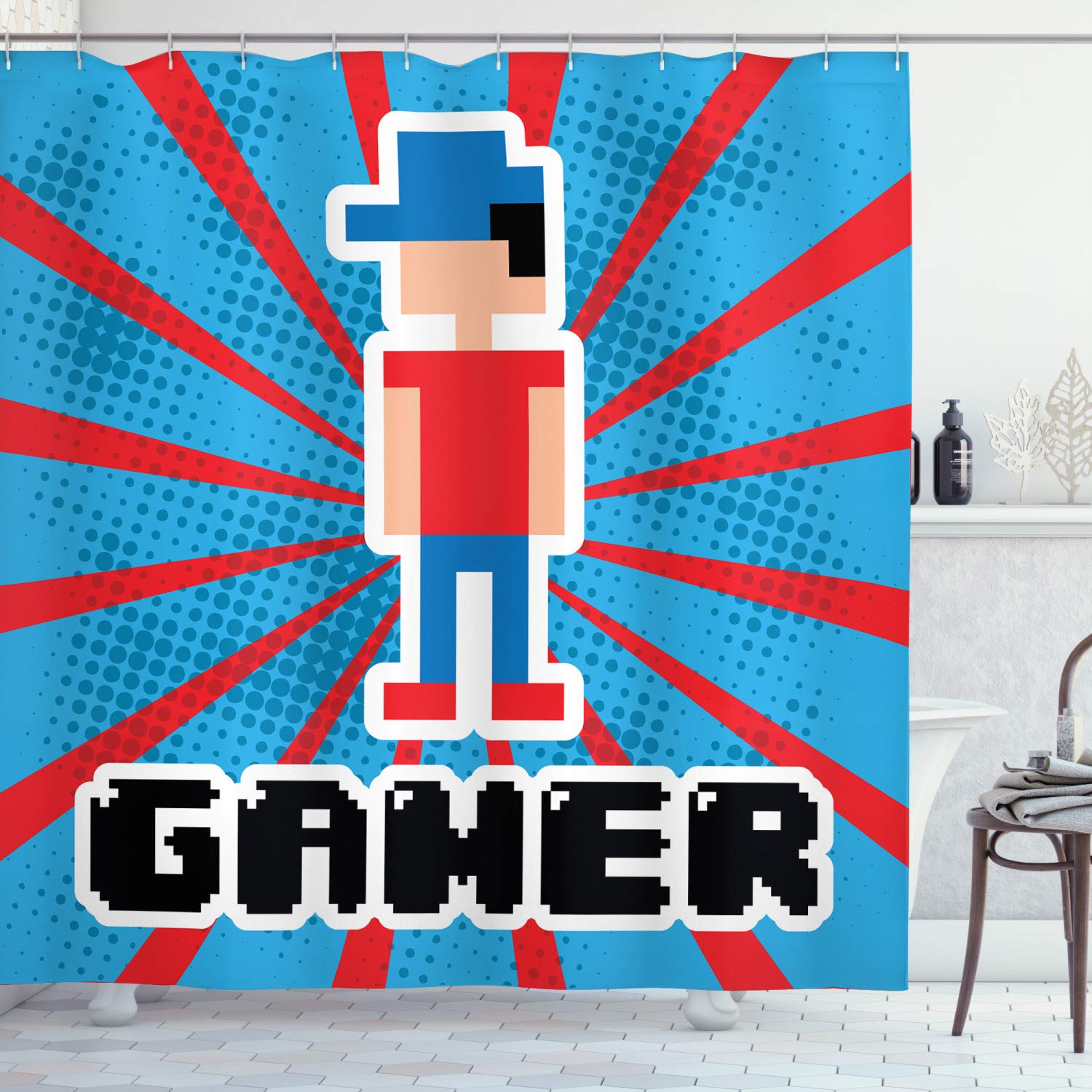 Ambesonne Video Games Shower Curtain, Blue and Red Striped Boom Beams Retro 90's Toys Boy with Cap, Cloth Fabric Bathroom Decor Set with Hooks, 70" Long, Vermilion Blue