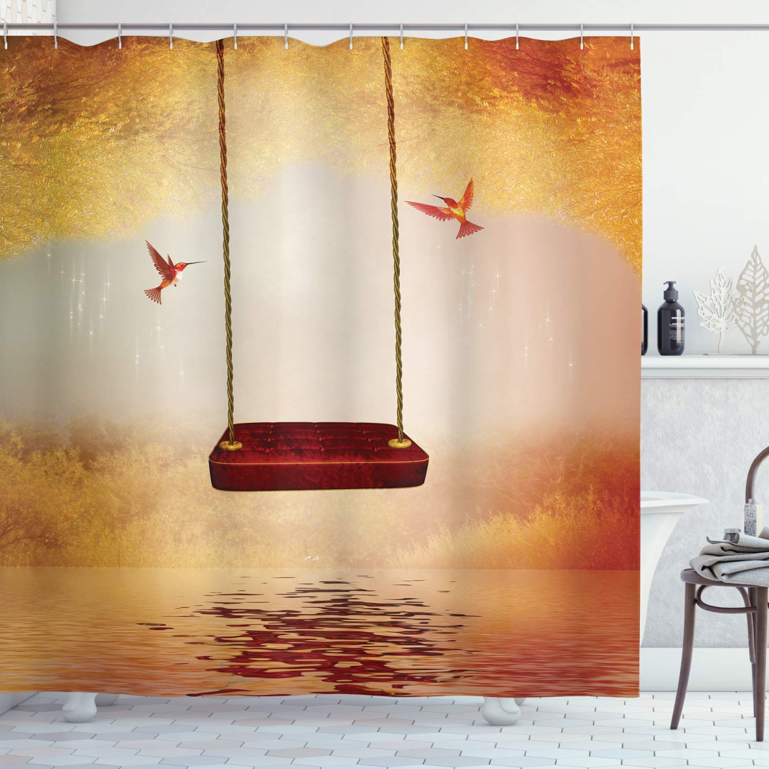 Ambesonne Hummingbirds Shower Curtain, Red Hammock and Hummingbird in a Peaceful Lake Fantasy Fairytale Scene, Cloth Fabric Bathroom Decor Set with Hooks, 70" Long, Red Ivory