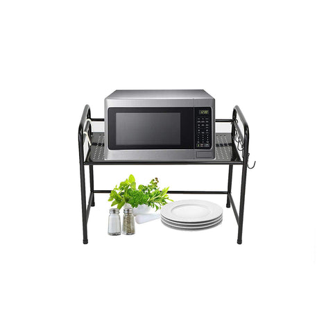 Mind Reader Microwave Oven Rack Shelf Unit with 6 Hooks for Kitchen Utensils, Towels, Mits, and More