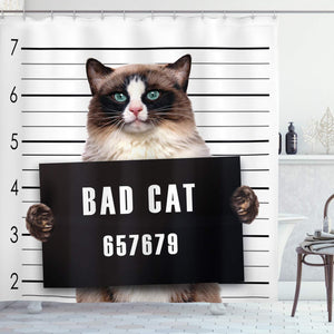 Ambesonne Cat Shower Curtain, Bad Gang Cat in Jail Kitty Under Arrest Criminal Prisoner Hangover Work, Cloth Fabric Bathroom Decor Set with Hooks, 75" Long, Brown Black