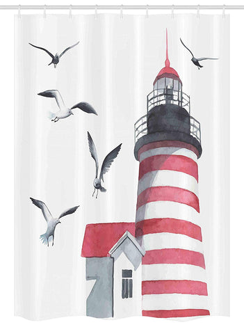 Ambesonne Lighthouse Stall Shower Curtain, Lighthouse and Seagulls on The Beach Navigational Aid Seaside Waterways Art, Fabric Bathroom Decor Set with Hooks, 54 W x 78 L Inches, Red Grey White