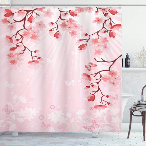 Ambesonne Asian Decor Collection, Japanese Cherry Blossom Sakura Buds Springtime Travel Destinations Seasonal Image Print, Polyester Fabric Bathroom Shower Curtain Set with Hooks, Salmon Pink