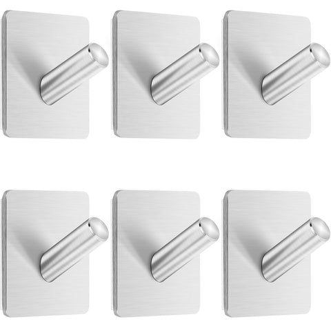 Anwenk Self Adhesive Hooks, 6 Pack Heavy Duty Wall Hook Towel Hook Coat Hook Hat Hook 304 Brushed Stainless Steel Bathroom Kitchen Super Power Wall Mount Hooks