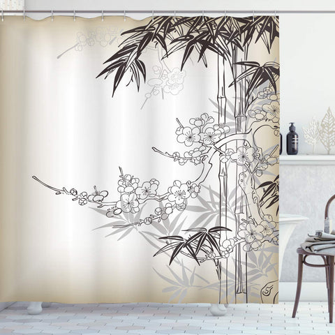 Ambesonne Japanese Bamboo Decor Collection, Abstract Tree and Bamboo Pattern Floral Leaf Design, Polyester Fabric Bathroom Shower Curtain Set with Hooks, Ecru Dark Olive