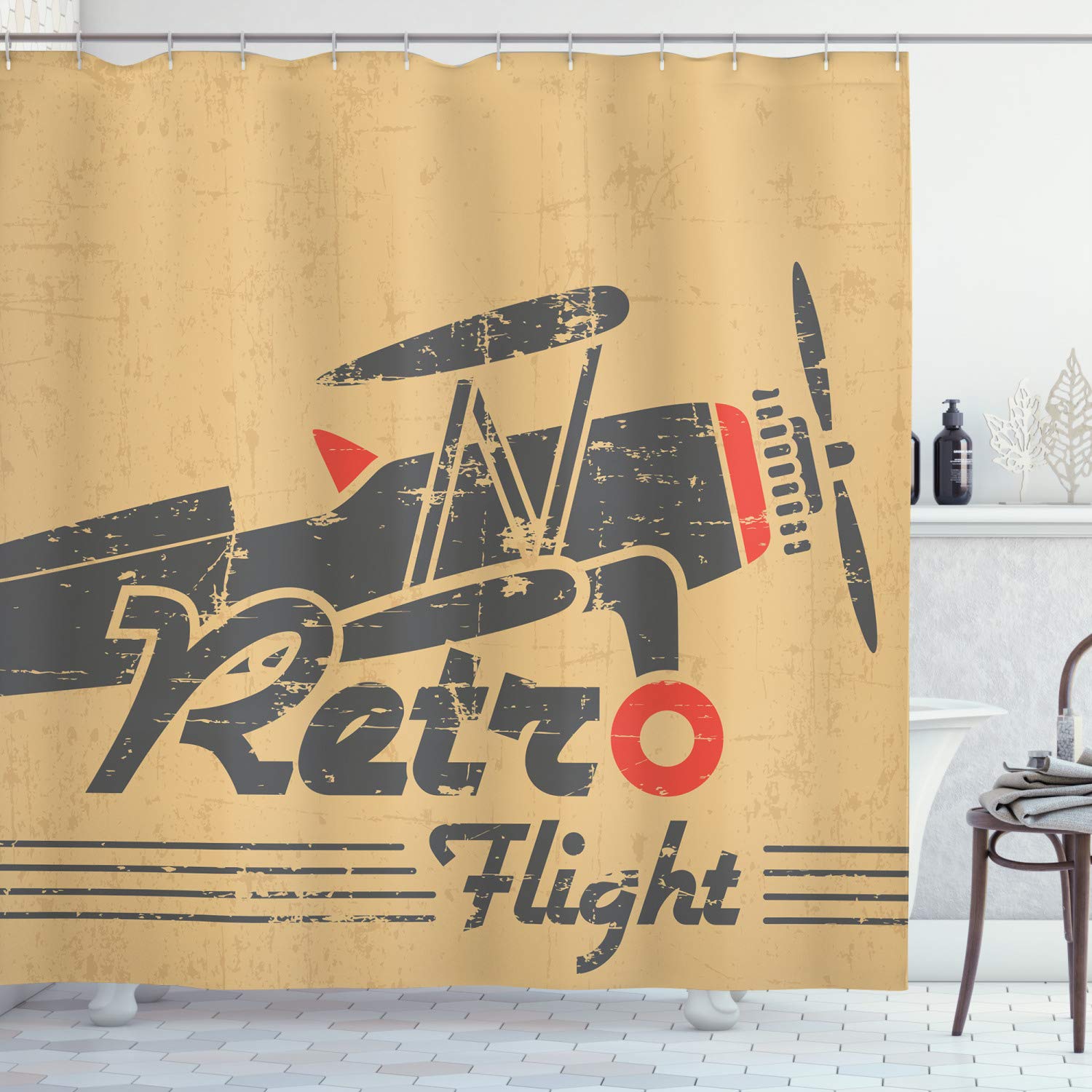 Ambesonne Vintage Airplane Shower Curtain, Retro Flight Emblem with Old Plane Stripes Grunge Style, Cloth Fabric Bathroom Decor Set with Hooks, 70" Long, Sand