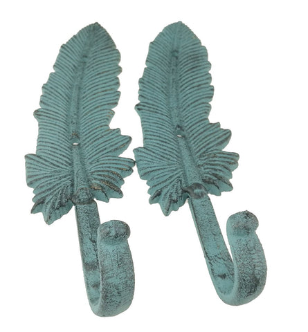 Set of 2 Vintage Creative Iron Feather Hook Art Wall Mount Hanger Coat Hook Bar Home Bathroom Decor (Blue)