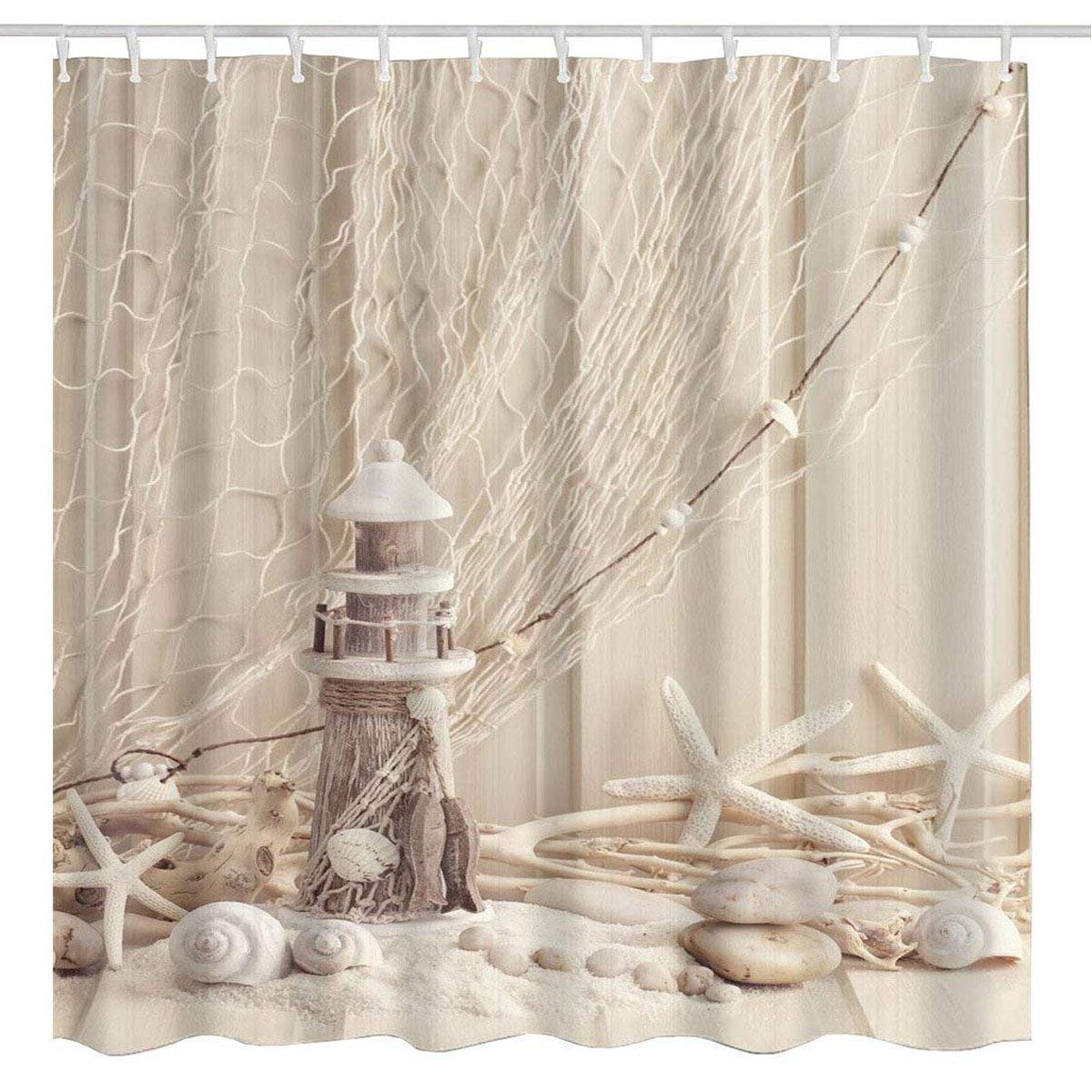 BROSHAN Nautical Seashell Decor Shower Curtain Fabric, Coastal Fishing Net Marine Beach Theme Bath Decor, Starfish Fabric Bathroom Set with Hooks