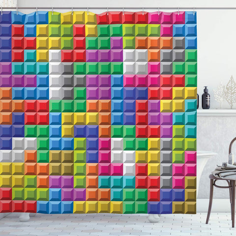 Ambesonne Video Games Shower Curtain, Colorful Retro Gaming Computer Brick Blocks Image Puzzle Digital 90's Play, Cloth Fabric Bathroom Decor Set with Hooks, 84" Extra Long, Multicolor