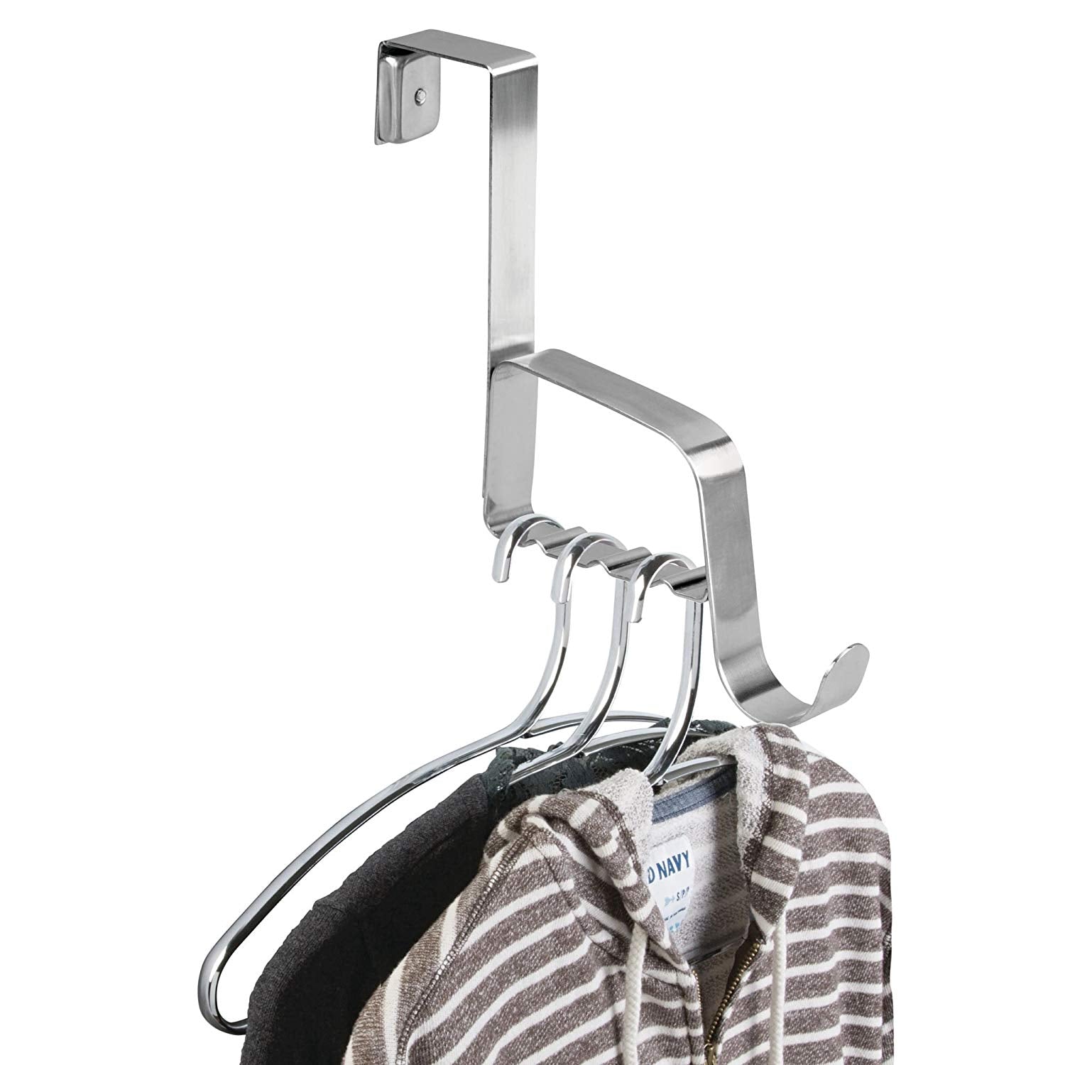 mDesign Over the Door Valet Hook for Coats, Hats, Robes, Towels - 1 Hook, Brushed Stainless Steel