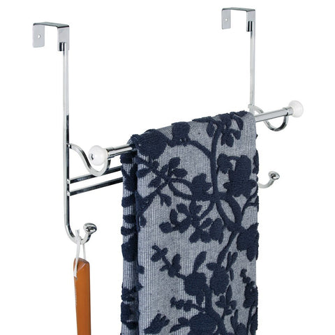 mDesign Bathroom Over Shower Door Towel Bar Rack with Hooks -ÂÂ White/Chrome