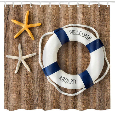 BROSHAN Nautical Shower Curtain Brown, Rustic Wooden Board Bathroom Decoration Fabric Starfish Polyester Waterproof Shower Curtain with Hooks,72 x 72 inch