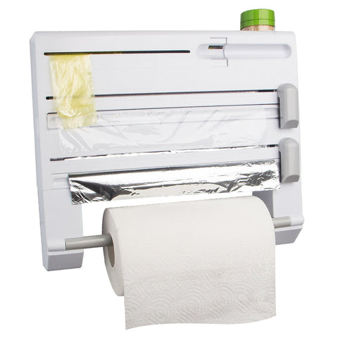 ConsWin 6-in-1 Wall-Mounted Paper Towel Holder,Plastic Wrap and Tin Foil Dispenser with Spice Rack (White)