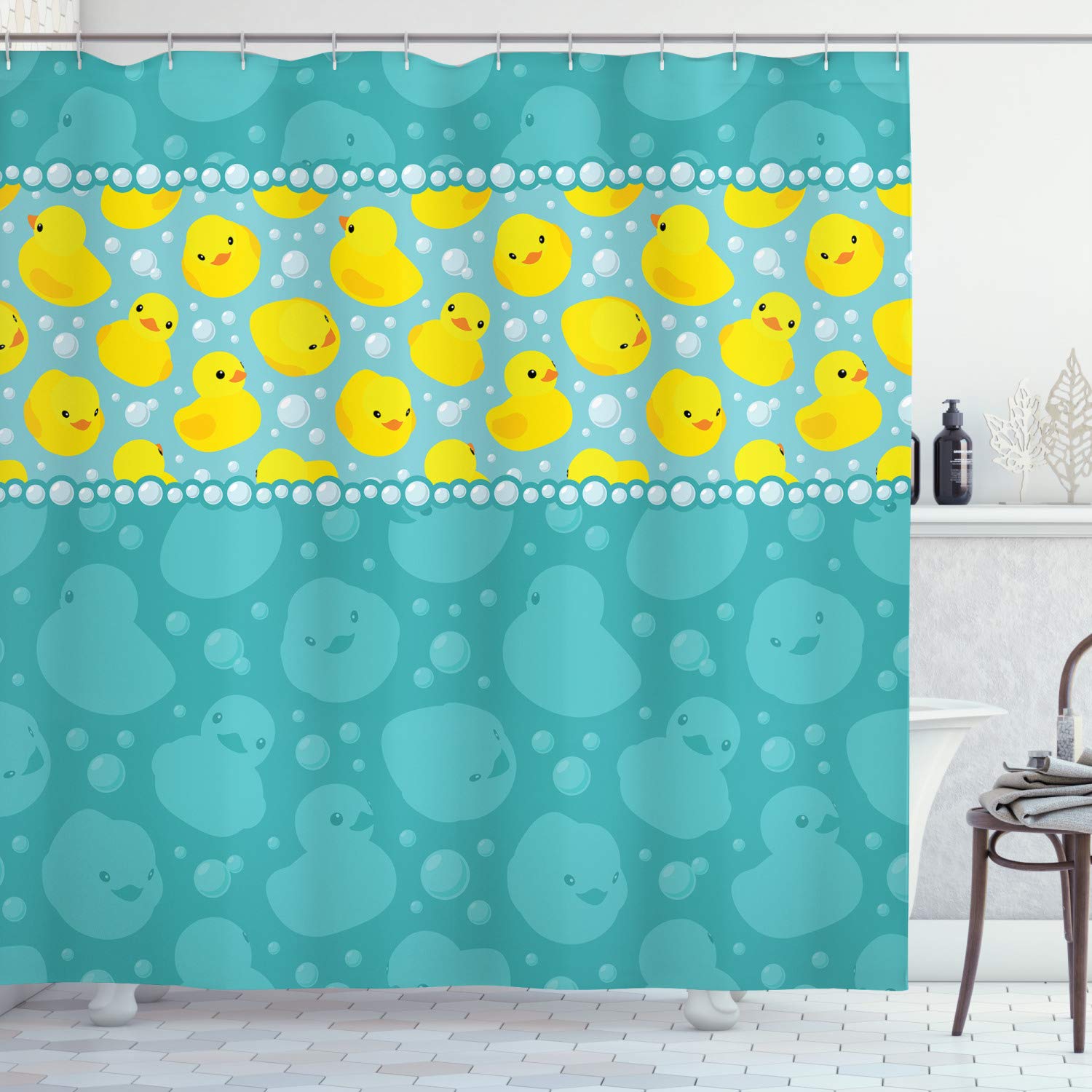 Ambesonne Rubber Duck Shower Curtain, Yellow Cartoon Duckies Swimming in Water Pattern with Fun Bubbles Aqua Colors, Cloth Fabric Bathroom Decor Set with Hooks, 70" Long, Teal Yellow