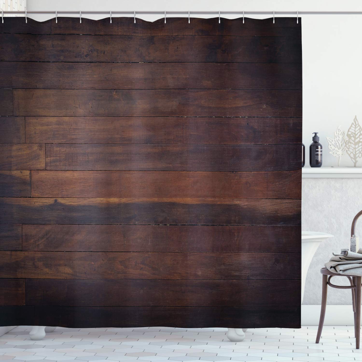 Ambesonne Chocolate Shower Curtain, Aged Weathered Dark Timber Oak Wooden Planks Floor Image Country Life Carpentry, Cloth Fabric Bathroom Decor Set with Hooks, 84 Inches Extra Long, Dark Brown