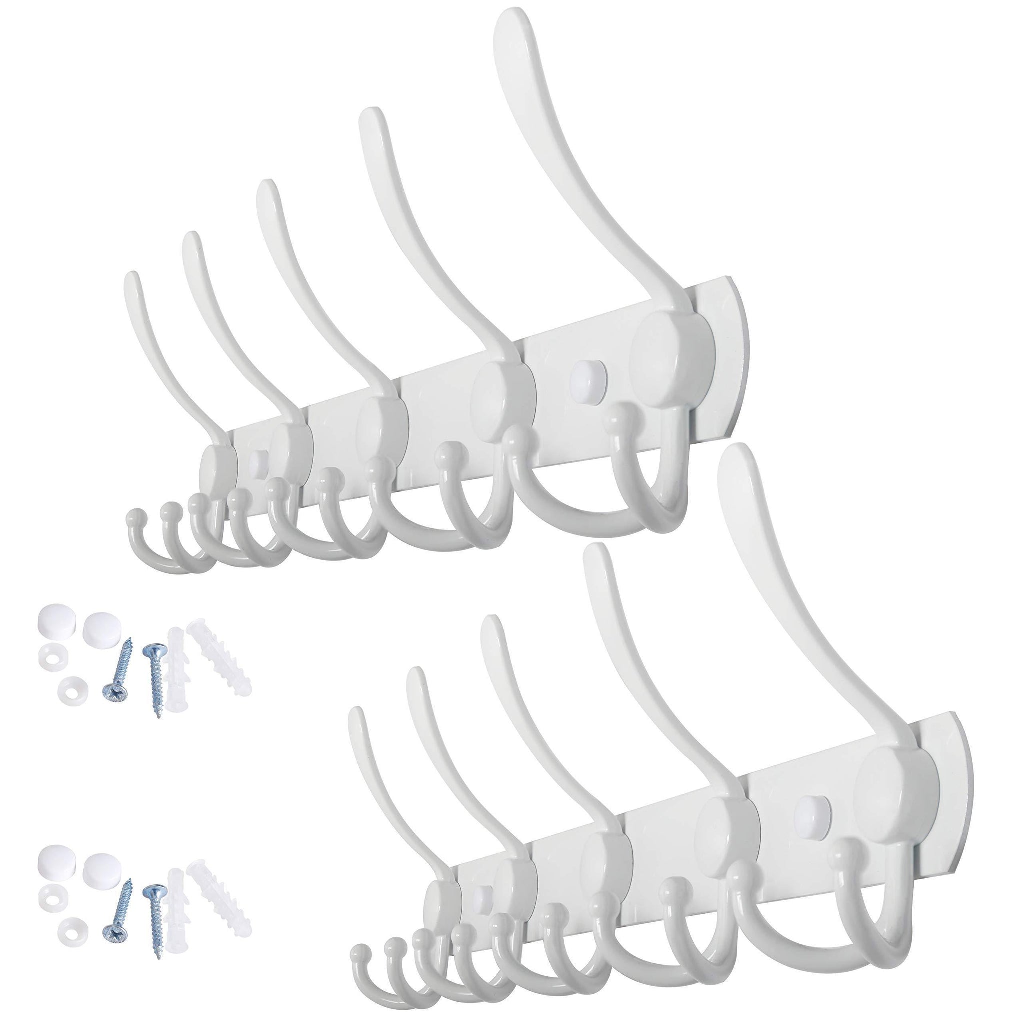 WEBI Coat Rack Wall Mounted,5 Tri Hooks Decorative Coat Hook Rack Triple Hook Rail Wall Hooks for Bathroom Kitchen Office Entryway Closet,White,2 Packs