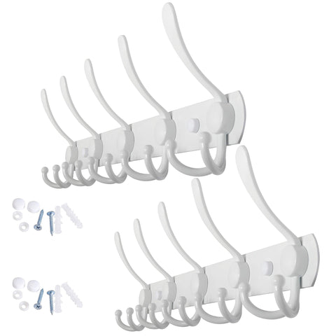 WEBI Coat Rack Wall Mounted,5 Tri Hooks Decorative Coat Hook Rack Triple Hook Rail Wall Hooks for Bathroom Kitchen Office Entryway Closet,White,2 Packs