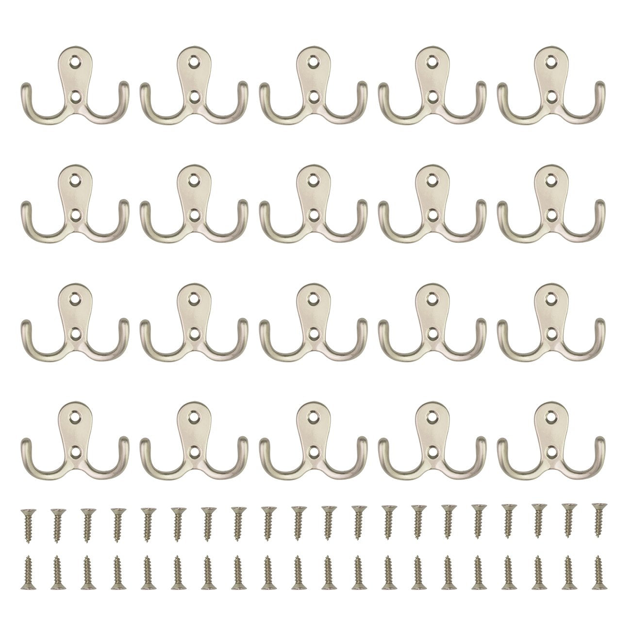 HOVEOX 20 Pcs Double Prong Robe Hook Retro Towel Cloth Hanger Wall Hat Jewelry Hooks Rustproof Rustic Hooks Heavy Duty Hardware Decorative Utility Hooks & 40 Pcs Screws & a Free Screwdriver, Silver