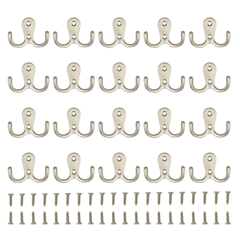 HOVEOX 20 Pcs Double Prong Robe Hook Retro Towel Cloth Hanger Wall Hat Jewelry Hooks Rustproof Rustic Hooks Heavy Duty Hardware Decorative Utility Hooks & 40 Pcs Screws & a Free Screwdriver, Silver