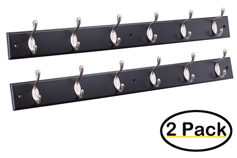 BirdRock Home Oval Hook Coat and Hat Rack | 6 Hooks | 2 Pack | Wall Mount | Black Finish | Satin Nickel Hooks