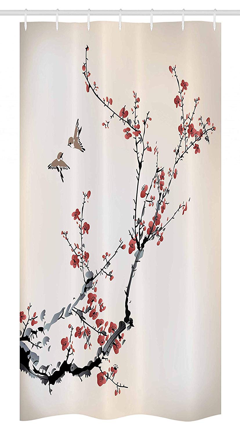 Ambesonne Nature Stall Shower Curtain, Cherry Branches Flowers Buds and Birds Style Artwork with Painting Effect, Fabric Bathroom Decor Set with Hooks, 36" X 72", Burgundy Black