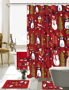 Season's Greetings 18 Piece Embroidery Bath Set 1 Bath Mat , 1 Contour Mat , 1 Shower Curtain , 12 Red Crystal Roller Hooks, 3 Piece Matching Towel Seat Small to Large (Merry Christmas)
