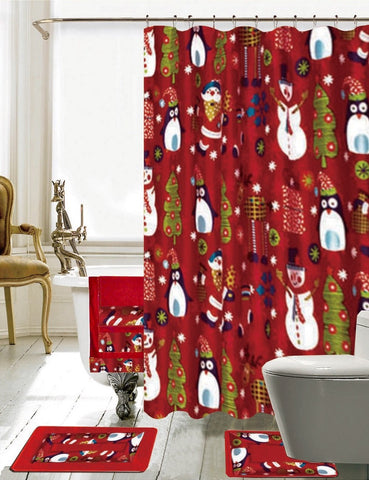 Season's Greetings 18 Piece Embroidery Bath Set 1 Bath Mat , 1 Contour Mat , 1 Shower Curtain , 12 Red Crystal Roller Hooks, 3 Piece Matching Towel Seat Small to Large (Merry Christmas)
