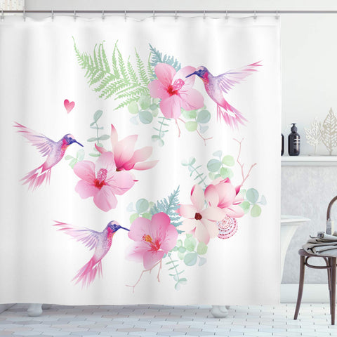 Ambesonne Hummingbirds Shower Curtain, Tropical Flowers with Flying Hummingbirds Wild Nature Blooms, Cloth Fabric Bathroom Decor Set with Hooks, 70" Long, Pink Purple