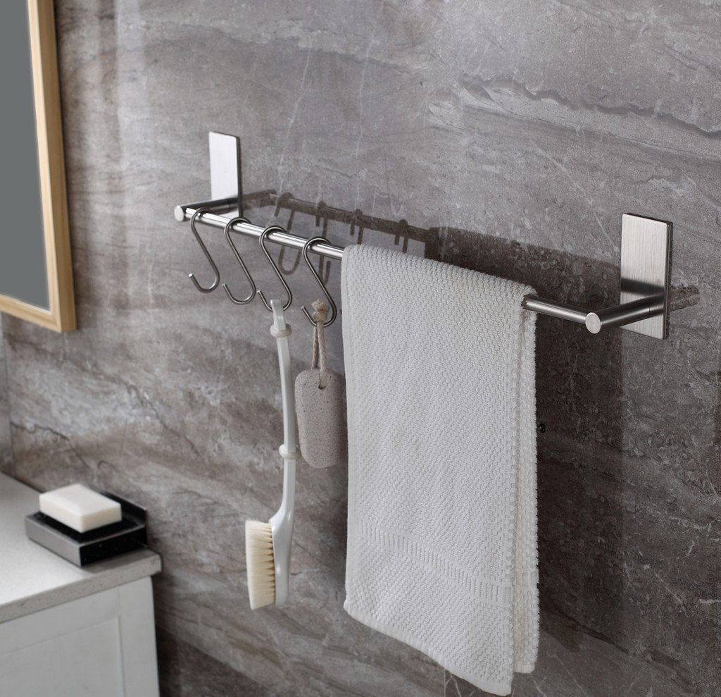 Togu 15.7 inch Self Adhesive Single Towel Bar with 5 S Hooks, Heavy Duty Stainless Steel Towel Rack Stick on Bathroom Lavatory Hanging Towel, Brushed Stainless Steel Finish