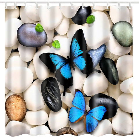 BROSHAN Butterfly Decor Shower Curtain Fabric,Cute Animal Stone Country Spring Bath Curtain Set Art Print Waterproof Bathroom Accessories with Hooks,Ivory Blue