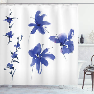 Ambesonne Traditional Shower Curtain, Oriental Watercolor Inspired Plum Blossom Petals Eastern Artwork Print, Cloth Fabric Bathroom Decor Set with Hooks, 75" Long, Dark Violet