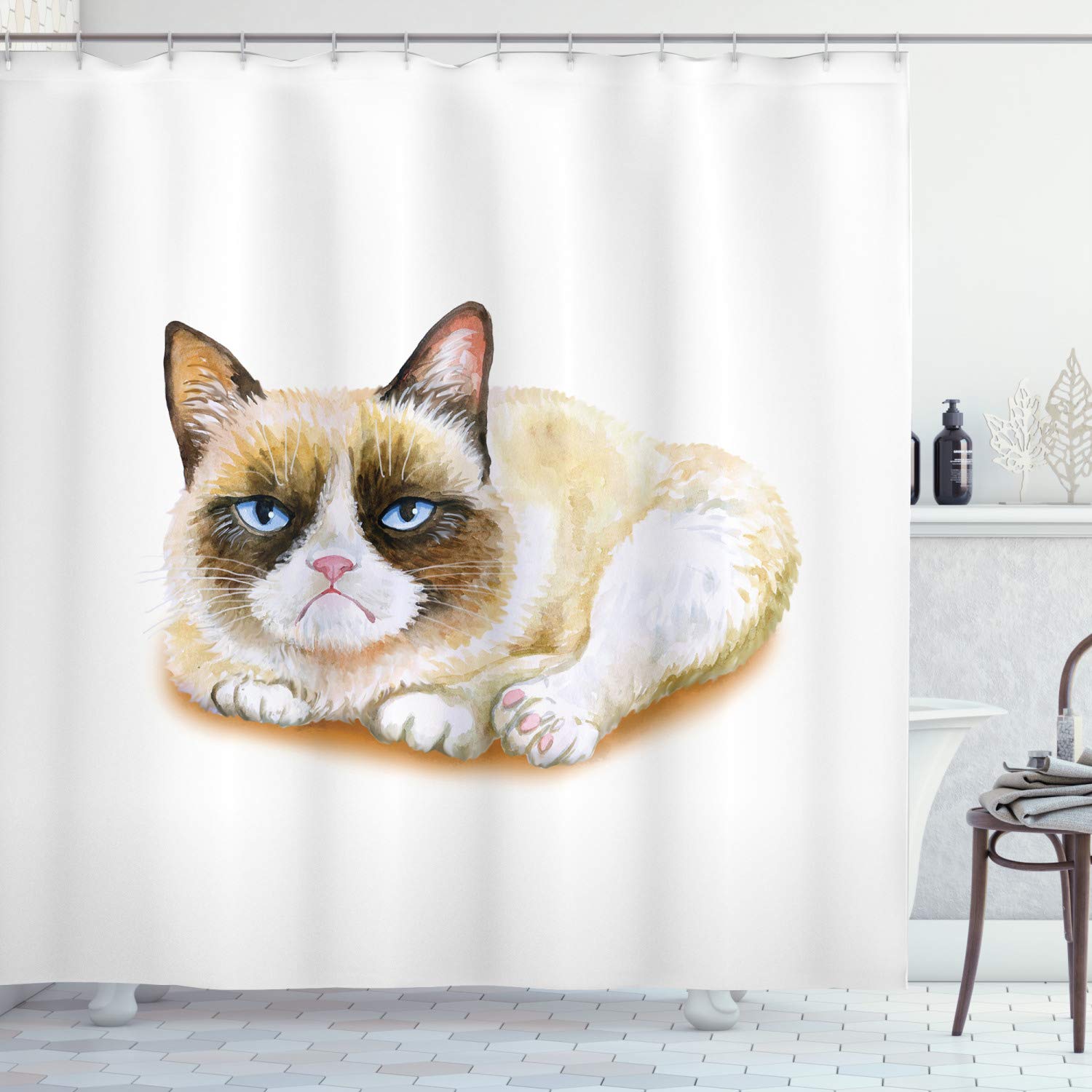 Ambesonne Animal Shower Curtain, Grumpy Siamese Cat Angry Paws Asian Kitten Moody Feline Fluffy Love Art Print, Fabric Bathroom Decor Set with Hooks, 84 Inches Extra Long, Brown and Beige