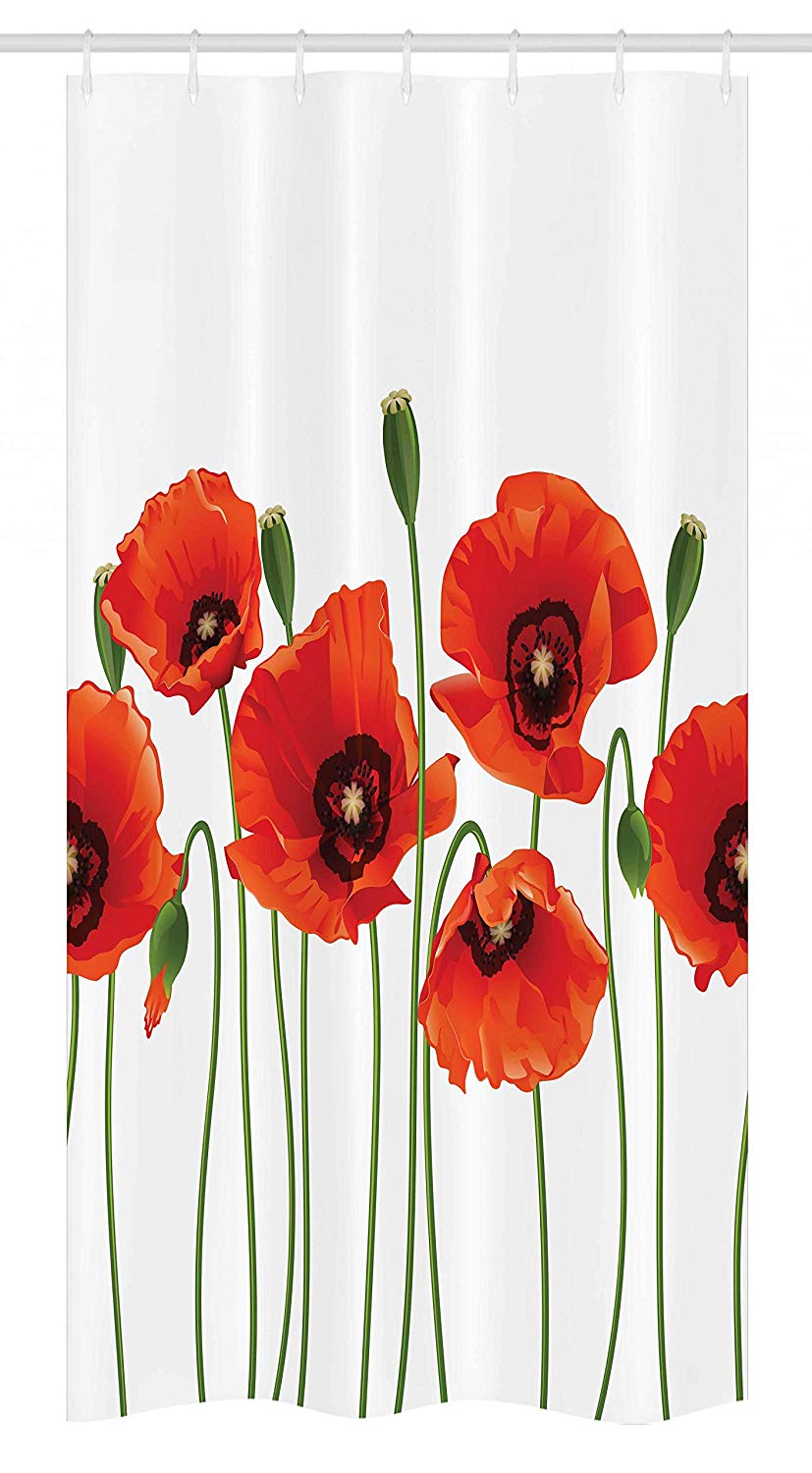 Ambesonne Floral Stall Shower Curtain, Poppies of Spring Season Pastoral Flowers Botany Bouquet Field Nature Theme Art, Fabric Bathroom Decor Set with Hooks, 36 W x 72 L Inches, Red and Green