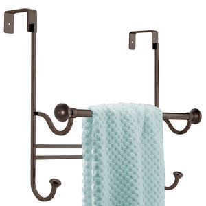 mDesign Bathroom Over Shower Door Towel Bar Rack with Hooks - Bronze