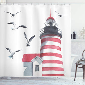 Ambesonne Lighthouse Shower Curtain, Lighthouse and Seagulls on The Beach Navigational Aid Seaside Waterways Art, Cloth Fabric Bathroom Decor Set with Hooks, 75" Long, Pink Grey
