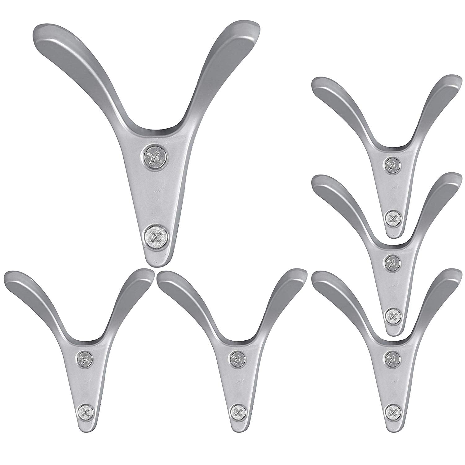 WEBI Wall Hook : Modern, Heavy-Duty, Decorative, Double V-Hook, Coat Hook, Towel Holder, Key Hanger, Metal Utility Hook for Bathroom Shower, Closet, Entryway, Kitchen, V-XSG-LG-6 (Silver, 6 Packs)