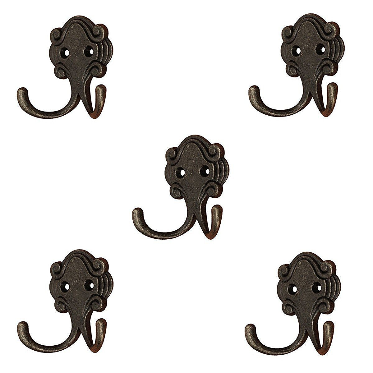 Hosaire 5 Pcs Double Prong Robe Hook Retro Cloth Hanger Coat Hat Hook with 10 Pcs Screws