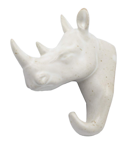 JekLoui JEK002HSWH Ceramics Rhino Head Single Wall Hook, Animal Shaped Key/Hat Hanger, Coat Hook, Nordic Style Decorative Gift. (Vintage White)
