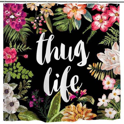 Black Flower Print Shower Curtain, Spring Hawaii Watercolor Tropical Flower Palm Leaves Nature Plant Print Bathroom Set, Green Red White Polyester Fabric Bath Shower Curtain with Hooks,72 inch Long