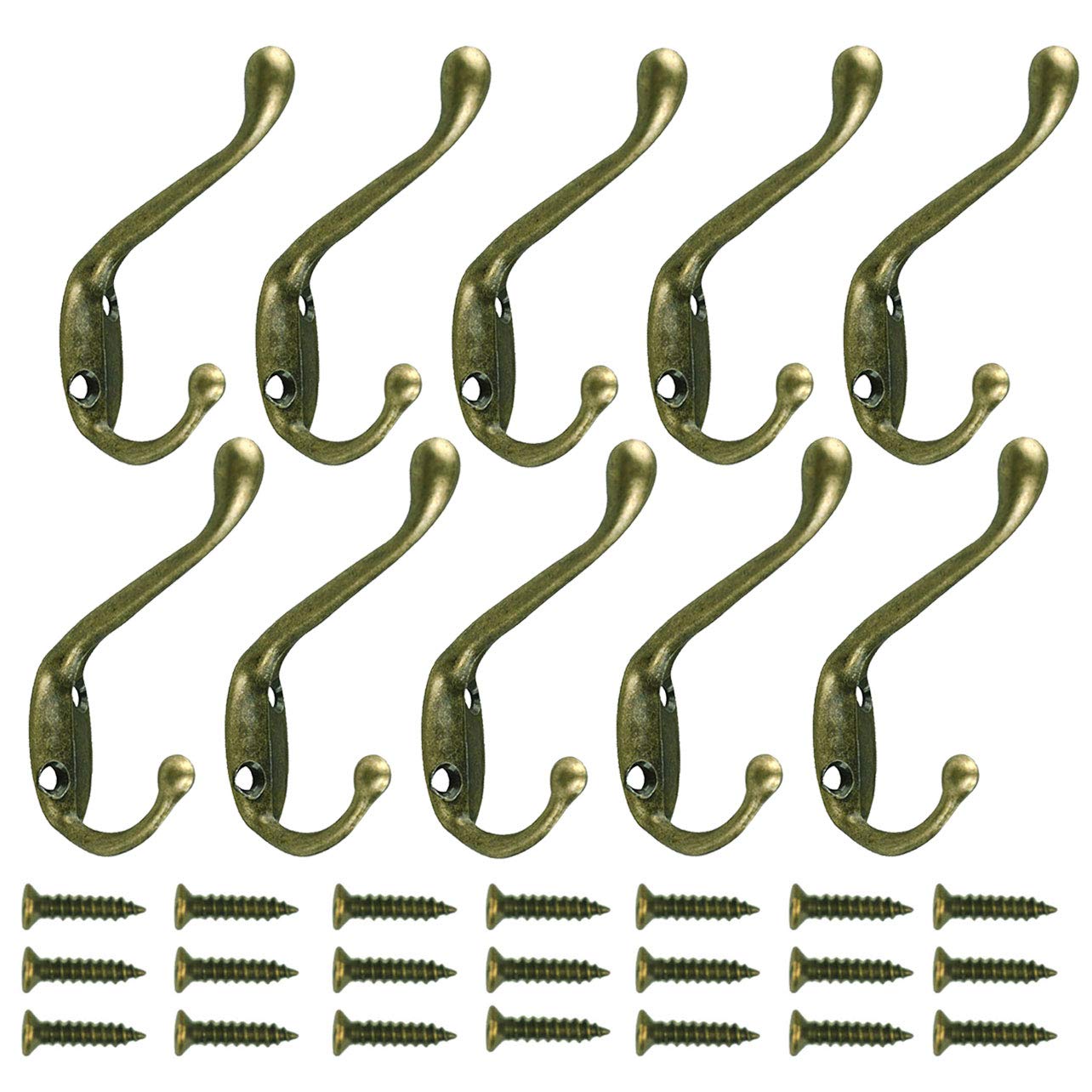 10 Pack Heavy Duty Wall Mounted Coat Hooks Hanger Holder Bronze for Wall Vintage Decorative Double Robe Hooks with 22 Pieces Screws (Bronze)