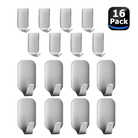 Adhesive Hooks, Amoner Heavy Duty Wall Hooks Stainless Steel Wall Hanger Waterproof Hooks for Robe, Coat, Towel, Keys, Bags, Home, Office, Bathroom, Kitchen 16 Pack