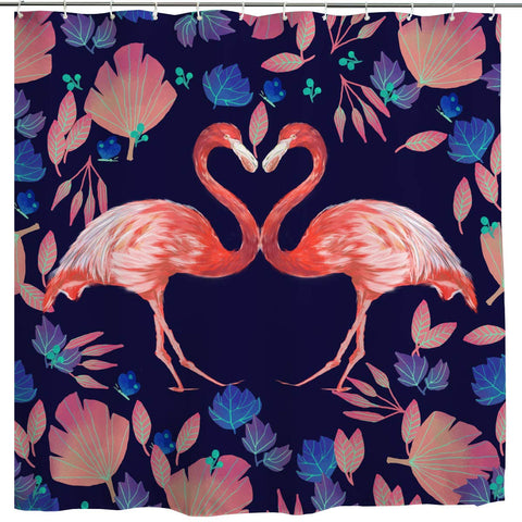 Flamingo Fabric Shower Curtain, Cute Flamingo Tropical Leaves Leaf Navy Blue Background Art Print Bathroom Bath Curtain,Polyester Waterproof Fabric Shower Curtain with Hooks,72x72 Inch,Pink and Blue