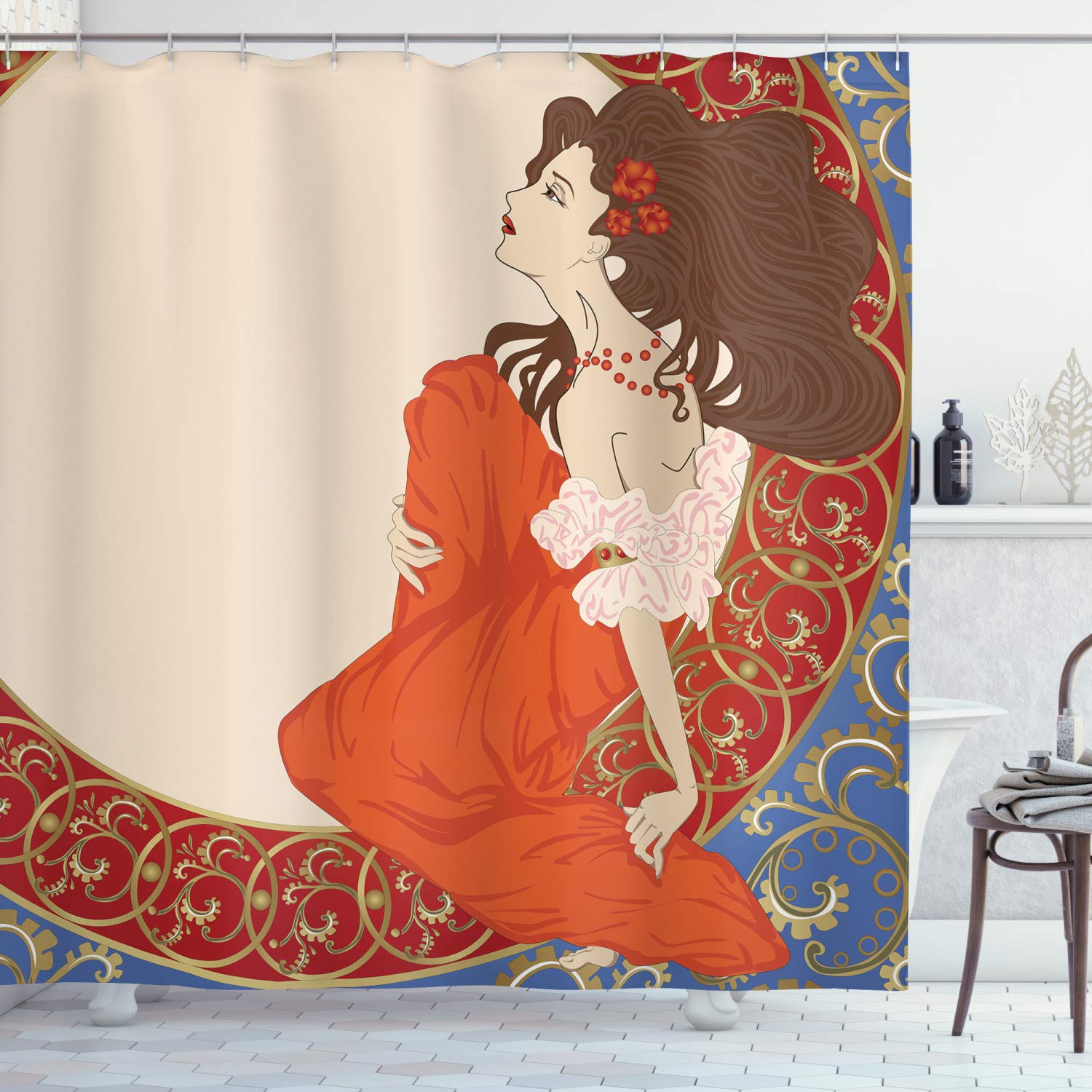 Ambesonne Art Nouveau Shower Curtain, Antique Woman in an Old Fashioned Medieval Dress Floral Rich Framework Print, Cloth Fabric Bathroom Decor Set with Hooks, 84" Extra Long, Cream Orange