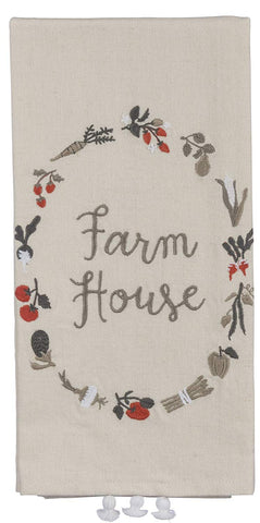 Primitives by Kathy Farm House Kitchen Towel - Embroidered Wreath of Garden Vegetables - 20" x 26" Premium Cotton/Linen Dishtowel with Tassel Accents - 2018 Farmhouse Collection